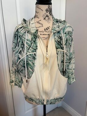 Palm-Print Hooded Bomber Jacket in Cream and Green